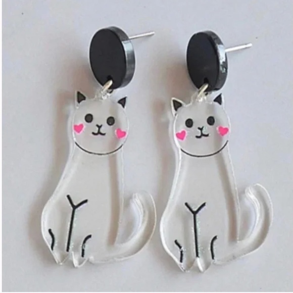 ❤️ FREE Cat Kitten Clear Blushing Cute Graphic Animal Drop Girly Chic Earrings - Picture 1 of 1